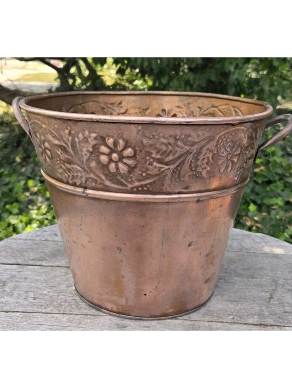 Vintage Planter Copper Kettle Planter Storage Bin Decorative Trim Handles 10X12"